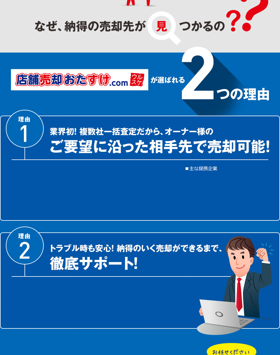 なぜ、納得の売却先が見つかるの?店舗売却おたすけ.com ウルスケが選ばれる2つの理由